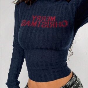 Navy Ribbed Sweater with Red Text